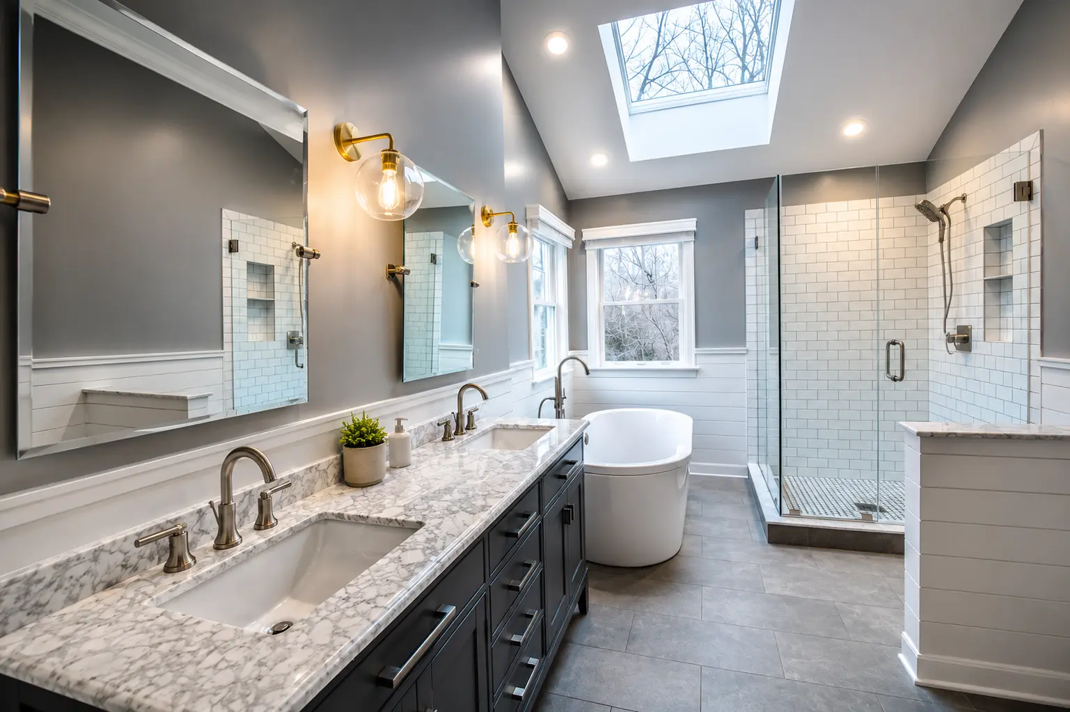 Master bathroom remodel with double sink vanity, twin faucets, and frameless glass shower, Craftworks Construction, Fairfield County CT